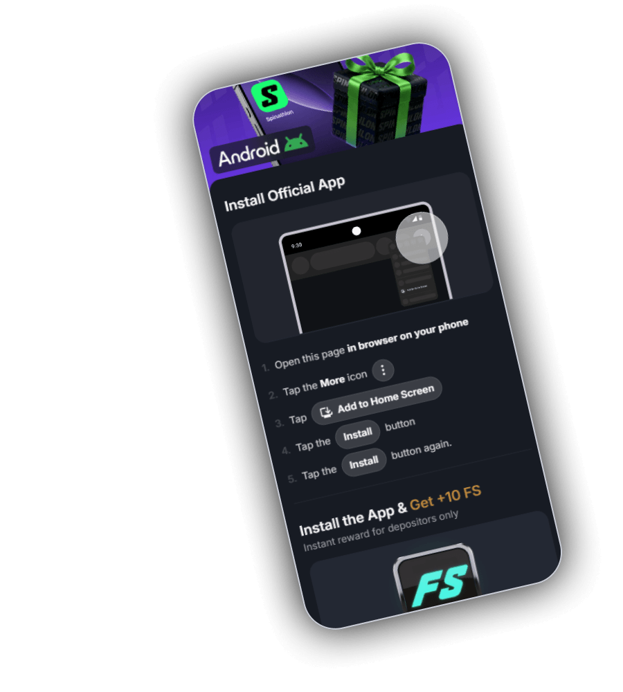SherLuck Install Official App page for Android with five steps and the Get +10 FS reward
