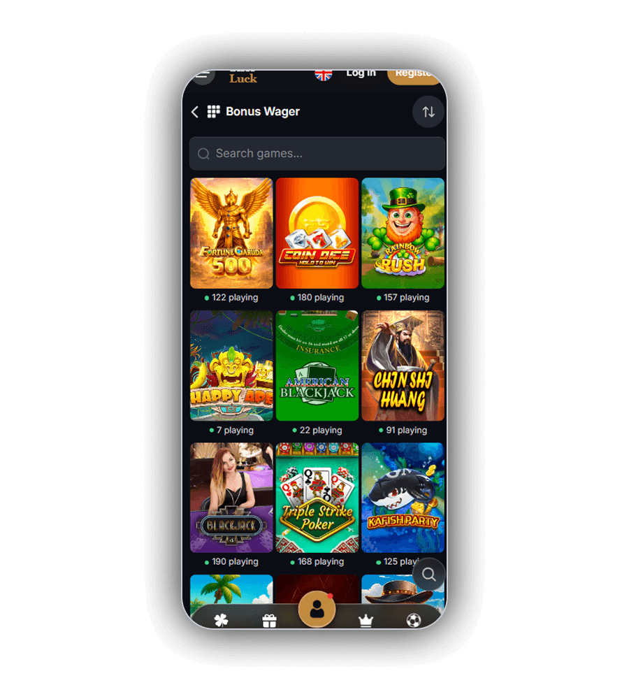 SherLuck Bonus Wager hall on a phone with a game search bar, a sort button and a player counter under every tile