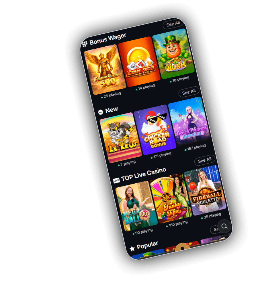 SherLuck lobby on a phone with the Bonus Wager, New and TOP Live Casino rows and a player counter under every game