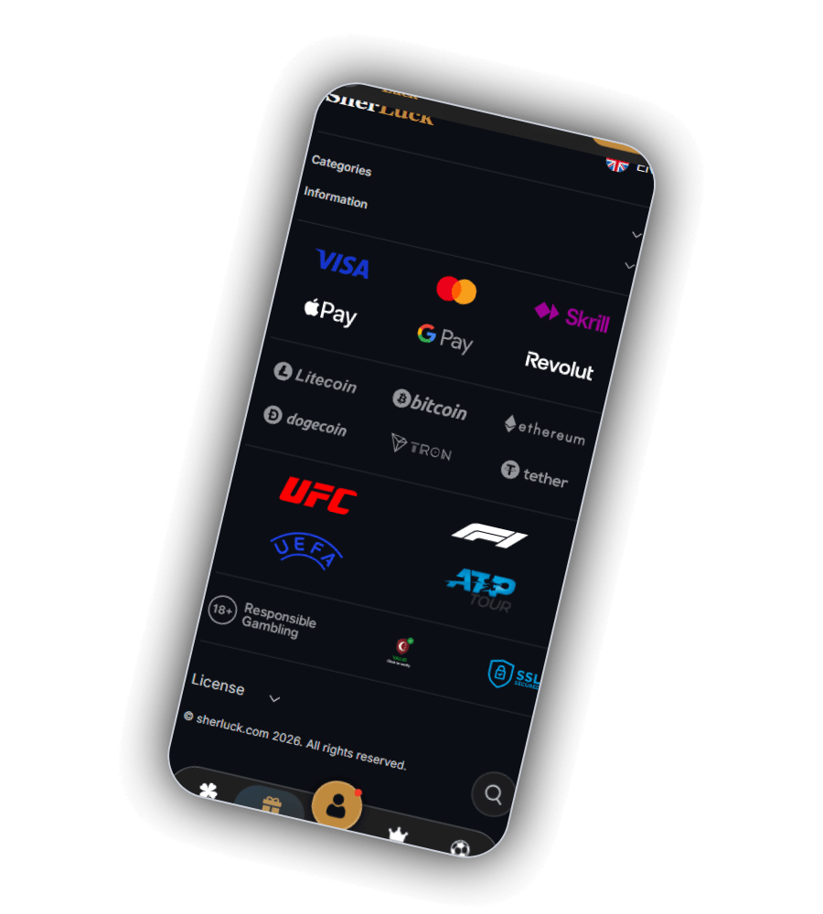 SherLuck footer on a phone with Visa, Mastercard, Apple Pay, Google Pay, Skrill, Revolut and six crypto coin logos