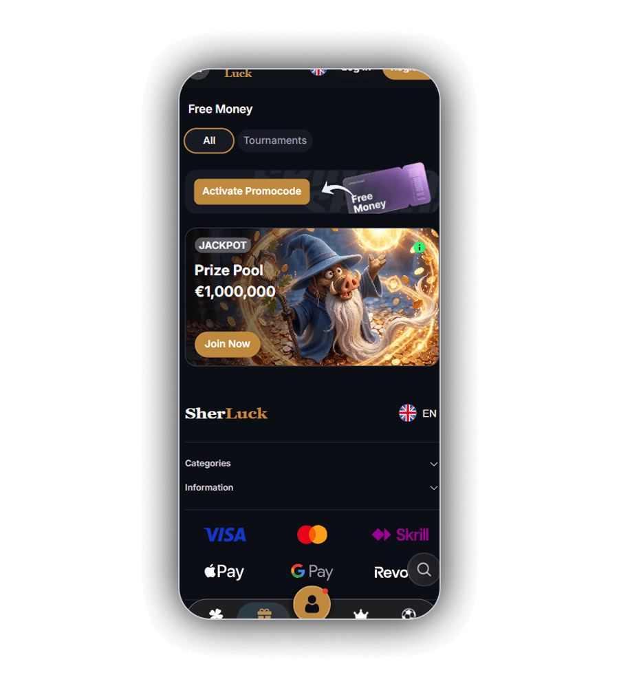 SherLuck Free Money page with the All and Tournaments tabs, the Activate Promocode button and the Jackpot card with a €1,000,000 prize pool