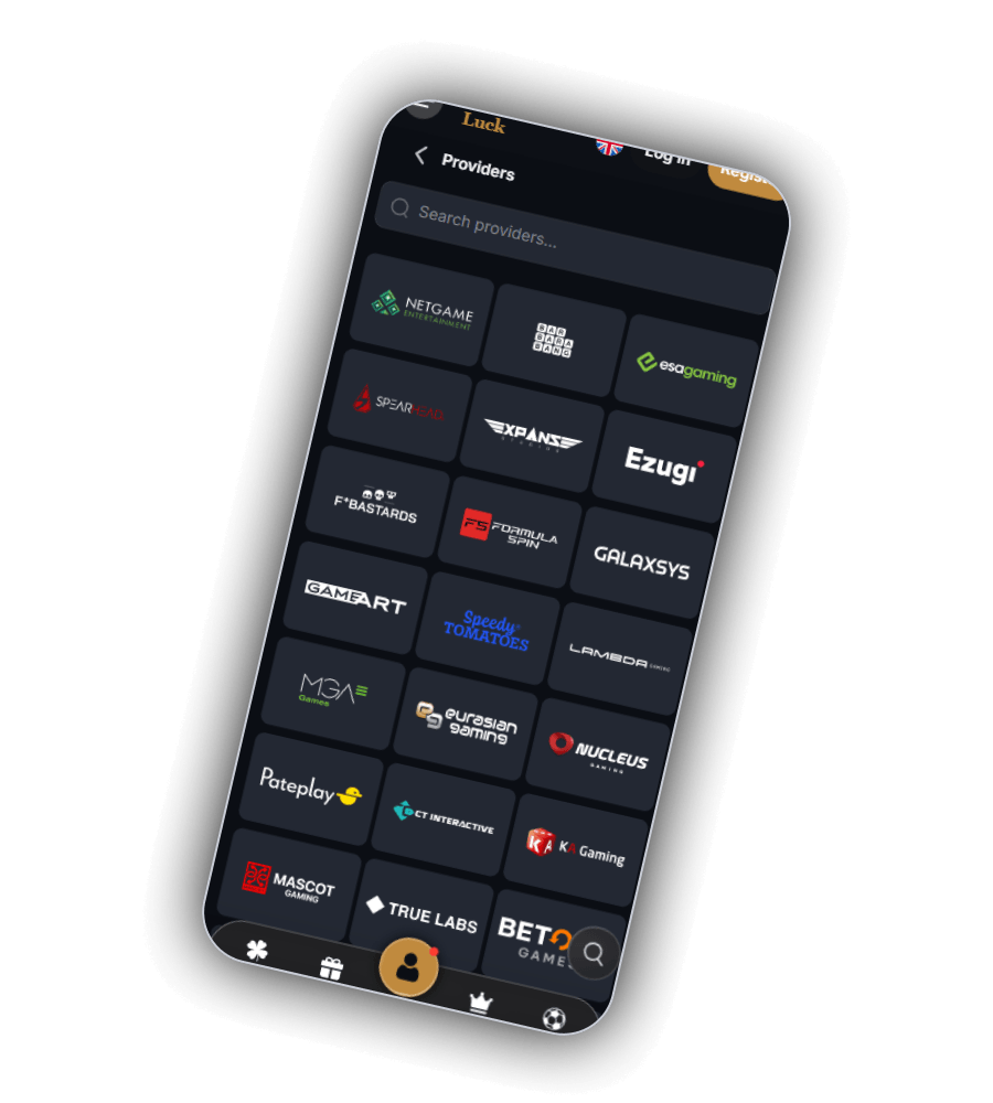 SherLuck Providers page with a search field and logos of NetGame, ESA Gaming, Ezugi, Galaxsys, GameArt, Mascot Gaming and other studios