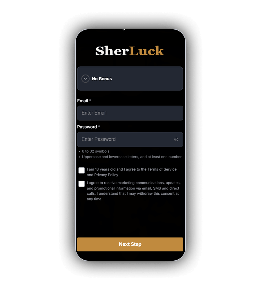SherLuck registration form with the No Bonus selector, email and password fields, the two consent boxes and the Next Step button