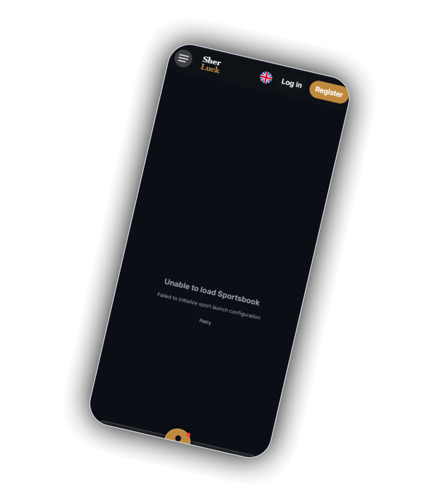 SherLuck Sports tab on a phone showing the message Unable to load Sportsbook with a Retry link